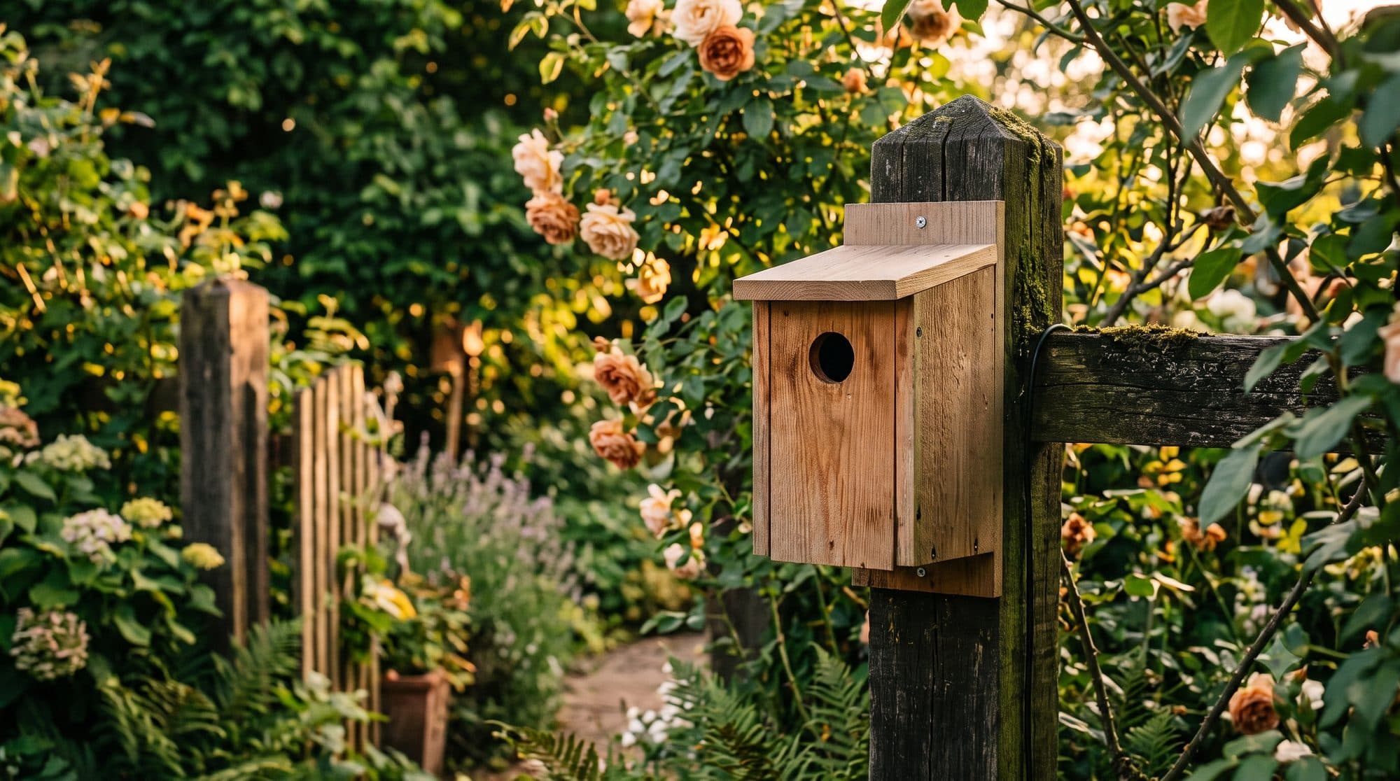 A wooden bird nesting box mounted on a garden fence post